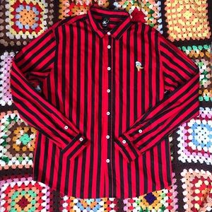 Mickey Mouse Disney Mens Black and Red Stripped Long - Sleeved Button Down Shirt